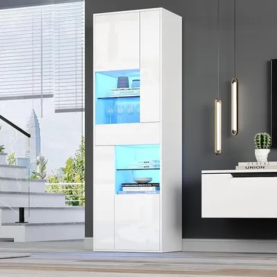 Produktbild von Vitrinenschrank Vitrine Schrank mit LED-Beleuchtung, Hochschrank mit Schublade, Schränken, Offene Glasböden, Sammlervitrine Bücherregal Standvitrine für Wohnzimmer Büro, Hochglanz Weiß, 170cm