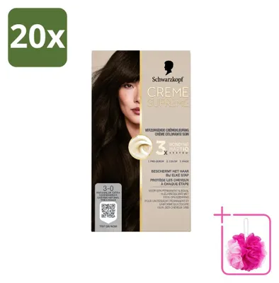 Zdjęcie produktu dla 20 sztuk farby do włosów Schwarzkopf Creme Supreme 3-0, naturalny, bardzo ciemny brąz, 245g, opakowanie ekonomiczne