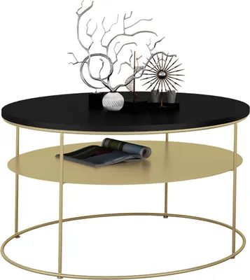 Zdjęcie produktu dla Okrągły Stolik Kawowy z Półką Salon Loft Metal 75x75x43 Złoty+MiniPearl