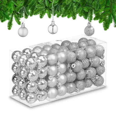 Produktbild von Relaxdays Weihnachtskugeln im 96er Set, glitzernde, matte & glänzende Baumkugeln, Weihnachtsbaumdeko, Kunststoff, silber