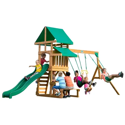 Obrázok produktu pre Backyard Discovery Belmont Play Tower with Swings and Slide, 3 rok / roky, 10 rok / roky, Drevo, 93 kg, Hnedá, Zelená, Žltá