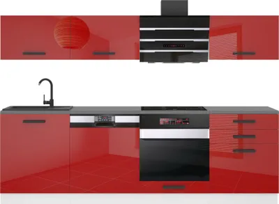 Produktbild von Belini Küchenzeile Küchenblock Linda - Küchenmöbel 240 cm Einbauküche Vollausstattung ohne Elektrogeräten mit Hängeschränke und Unterschränke, mit Arbeitsplatten, Rot Hochglanz