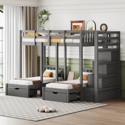 Productafbeelding van AIORBER hoogslaper, geschikt voor 3 kinderen, kinderbed, massief hout, met opbergruimte en lades, veiligheidshek ontwerp, veiligheidsladder, 248x146x163 cm, grijs
