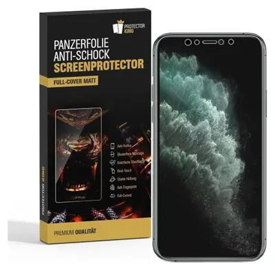A product shot of a screen protector packaging next to the screen protector on a phone.