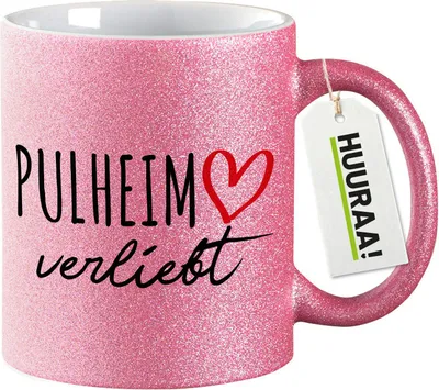 Produktbild von Huuraa Glitzertasse Pulheim verliebt 330ml Pink Keramik Kaffeebecher Geschenkidee