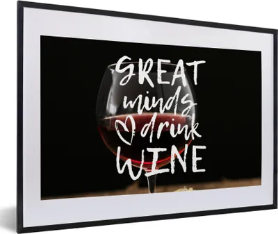 Produktbild von MuchoWow® MuchoWow® Gerahmtes Poster Weinzitat "Große Geister trinken Wein" mit einem Weinglas 60x40 cm - Poster mit zchwarzem Bilderrahmen - Schlafzimmer - Plakat in Rahmen - Drucken