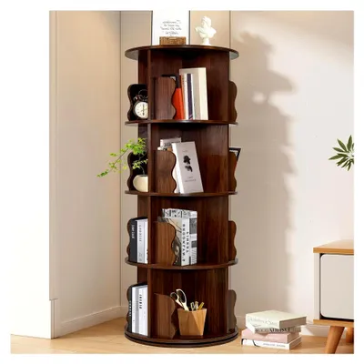 Produktbild von Drehbares Bücherregal 360° Standregal aus Massivholz mit 4 Ebenen und 16 Fächern, Aufbewahrungsregal für Wohnzimmer, Schlafzimmer und Büro, Vintagebraun