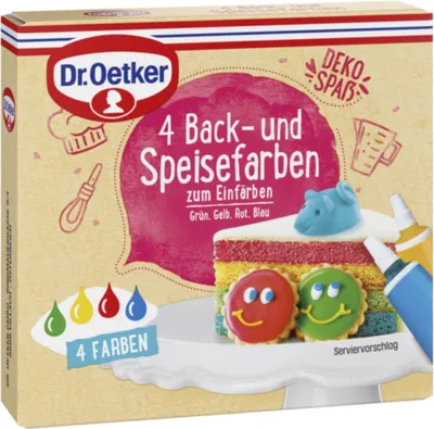 A product box for Dr. Oetker food coloring, featuring an illustration of a cake and cookies decorated with the product.