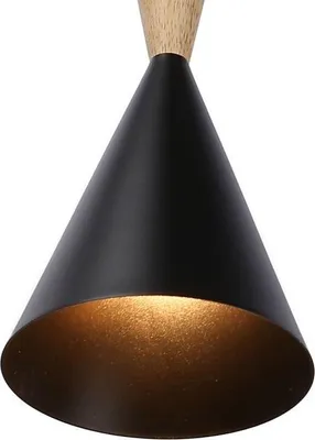 A close-up shot of a pendant light with a black conical shade and a wooden top.