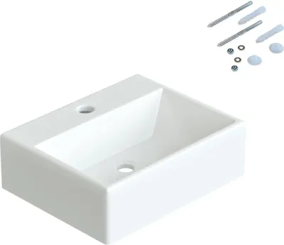 Produktbild von AQUALAVOS Waschbecken Handwaschbecken Aufsatzwaschbecken weiß eckig klein Badezimmer Gäste wc wandhängend mit Hahnloch BxTxH: 38,5x30,5x12 cm ohne Unterschrank und Überlauf Eckwaschbecken