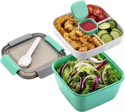 Image de Boîte à salade à emporter réutilisable, sans BPA et résistante au micro-ondes, avec boîte à pain et couteaux