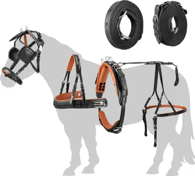 A horse harness set displayed against a white background.