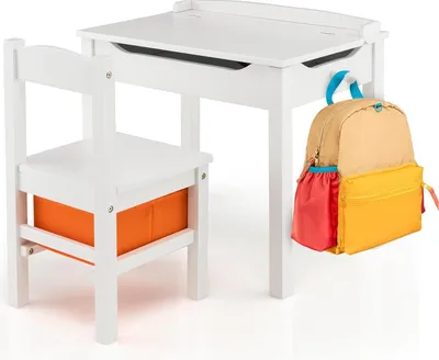 Produktbild von GOPLUS Kindertisch mit Stuhl, Kinderschreibtisch Kinder mit aufklappbarer Tischplatte & Sicherheitsgelenk & Haken & Stoffschublade, Weiß