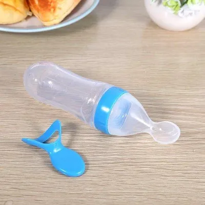 Immagine prodotto di Biberon in silicone con cucchiaio - 90 ml - Biberon multicolore per cereali - Blu