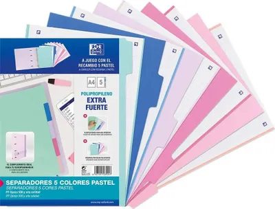 Immagine prodotto di Set di divisori Oxford a 5 posizioni pp 500 micron a4 con assortimenti pastello