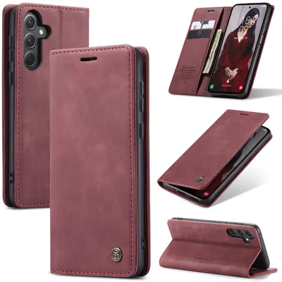 Multiple views of a burgundy flip phone case for a Samsung Galaxy A35 5G.