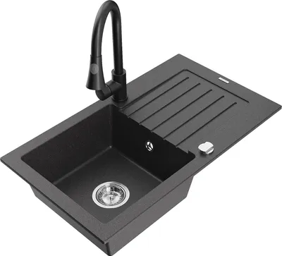 Produktbild von Mexen Pablo 1 Becken-Granitspüle mit Abtropffläche und Mischbatterie Elia, Schwarz gesprenkelt - 6510-76-670101-70
