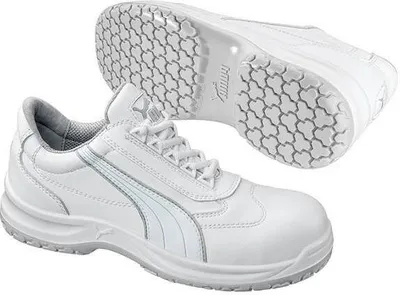 A pair of white Puma safety shoes, with one shoe shown from the side and the other from the sole.