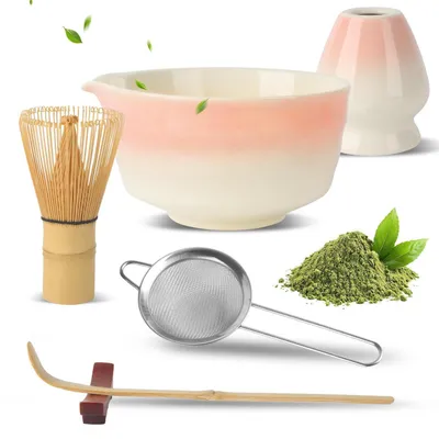 Produktbild von 6-teiliges Matcha-Set Pink mit Schale, Besen, Löffel, Sieb & Ständer