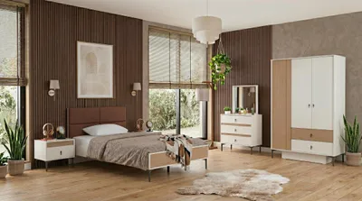 Image de Chambre de jeunes moderne, de style élégant, en blanc : lit, armoire, commode, tables de chevet