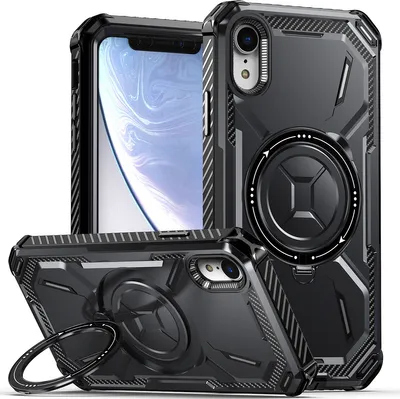 A black iPhone XR case with a magnetic kickstand and ring holder is displayed from multiple angles.
