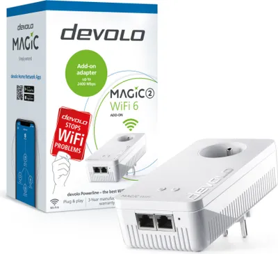 Immagine prodotto di Devolo Magic 2 WiFi 6, 2400 Mbit/s, conforme agli standard IEEE 802.3ab, IEEE 802.3az, IEEE 802.3u, IEEE 802.3x, Gigabit Ethernet, 10, 100, 1000 Mbit/s, Wi-Fi 6 (802.11ax), 802.11a, 802.11b, 802.11g, Wi-Fi 4 (802.11n), Wi-Fi 5 (802.11ac), Wi-Fi 6 (802.11ax)