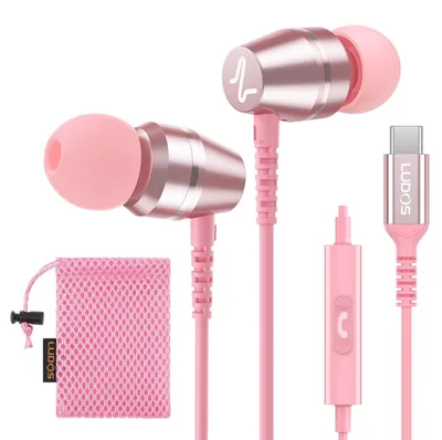 Produktbild von OMNITONE USB C Kopfhörer USB Typ C Ohrhörer mit Mikrofon In-Ear mit Kabel Rosa USB-C