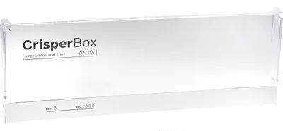 A clear, studio shot of a transparent crisper box for a refrigerator.