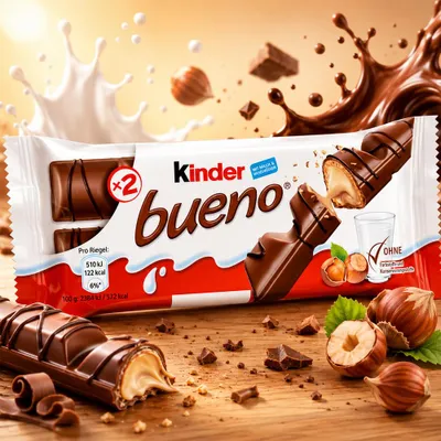 Immagine prodotto di Ferrero Kinder Bueno, snack al cioccolato, 43 g, 2384 kJ, 572 kcal, 41,2 g, 8,6 g