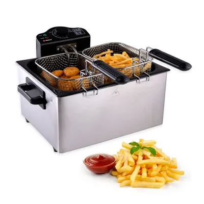 Produktbild von alpina Friteuse Groß 5 Liter Doppelte Fritteuse mit 3 Frittierkörben, 1x Groß und 2x Klein - Friteusen Einstellbar bis 190 °C - Fritöse mit 2000W - Edelstahl Fritteuse