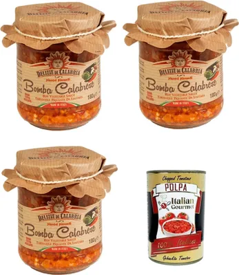 Produktbild von Delizia di Calabria, Bomba Calabrese, Italienischer Hot Saucenaufstrich, würziges italienisches Gewürz mit authentischem kalabrischen Chili, Feurige Hot Dip-Salsa 3x 180g + Italian Gourmet polpa 400g