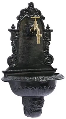 Produktbild von Casa Padrino Jugendstil Wandbrunnen Dunkelgrün / Messingfarben 41 x H. 75 cm - Nostalgischer Gartendeko Brunnen mit Wasserhahn - Garten Accessoires