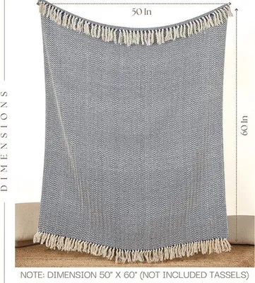 Obrázok produktu pre Uniqoos® Ručne pletená boho prikrývka, 127 x 152 cm – 100 % bavlna, vzor "chevron" s franjami, dekoratívna prikrývka do obývačky