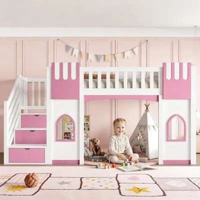 Produktbild von Hochbett mit Stauraumtreppe und Fenster für Kinder, Kiefer, Weiß und Rosa, 90 x 200 cm