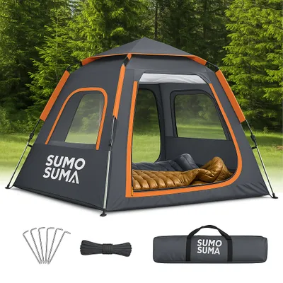 Produktbild von Sumosuma Campingzelt 3-4 Personen Kuppelzelt, Wasserdicht UV-Schutz, Pop Up Zelt Doppelschicht, Wurfzelt Sechseckiges mit Regenschutzbeutel, Schwarz