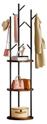 Produktbild von Garderobenständer in Baumform, Kleiderständer aus Holz mit Metallrahmen, 9 Haken, 3 Ablagen, für Schals, Jacken und Taschen, geeignet für Flur, Büro und Wohnzimmer