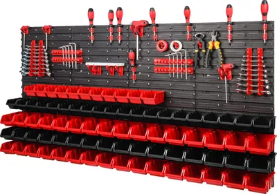 Produktbild von Profi Kunststoff Lagerregal Set | 79 Rot/Schwarz Stapelboxen & 36 Werkzeughalterungen | 154X78cm