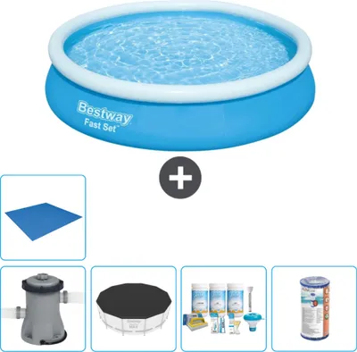 Immagine prodotto di Piscina gonfiabile rotonda Bestway ad ambientazione rapida - 366 x 76 cm - blu - inclusa copertura della pompa - pacchetto manutenzione - filtro - telo di protezione