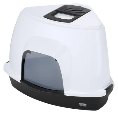 Productafbeelding van Ebi Kattentoilet Prism Wit/Zwart – compacte overdekte kattenbak met koolfilter en transparant deurtje, verkrijgbaar in M & L M - 38x56x40cm