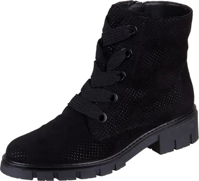 A black lace-up boot with a textured surface and a thick sole, shown against a white background.