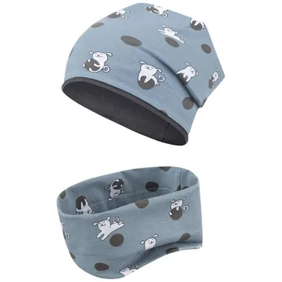 Produktbild von Übergangsmütze + Schlauchschal Beanie Stoffmütze Mädchenmütze im Set Loop, Gr. 50-52, Blau-Hunde