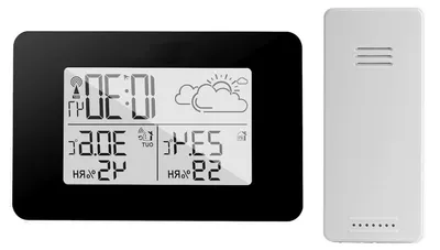 Zdjęcie produktu dla Stacja pogodowa z czujnikiem – pomiar temperatury wewnątrz i na zewnątrz – prognoza pogody – bezprzewodowy pomiar – wymiary: 12,7 x 8,5 cm – kolor: czarny