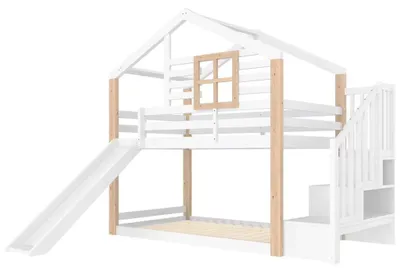 Productafbeelding van Kinderekkerbed - 90 x 200 cm - Met glijbaan - Met ladder - Met veiligheidshekjes - Met opbergruimte - Gemaakt van massief hout - Wit