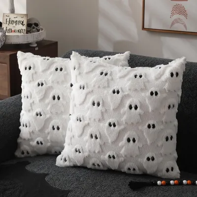 Produktbild von Halloween-Kissenbezüge, 45,7 x 45,7 cm, 2er-Set, weiße Geister-Kissenbezüge, weiches Plüsch-Kunstfell, Wolle, Couch-Kissenbezug für Stuhl, Sofa, Schlafzimmer, Wohnzimmer, Heimdekoration, PTK03A18