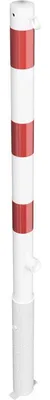 Produktbild von Schake Absperrpfosten herausnehmbar mit Dreikantschloss aus Stahlrohr Ø60x2,5mm weiß mit rot reflektierenden Leuchtstreifen und Stahlkappe 900mm Überflur mit 1 Öse
