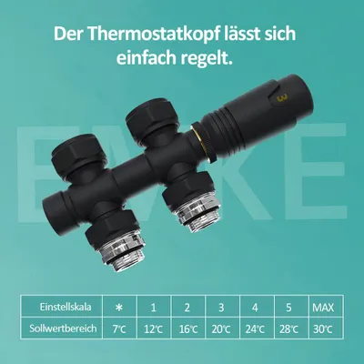 Immagine prodotto di Kit multiblock per termostato radiatore EMKE, con raccordo per radiatore dotato di termostato, modello passante, disponibile nelle misure φ16xG1/2" e φ15xG1/2", colore nero