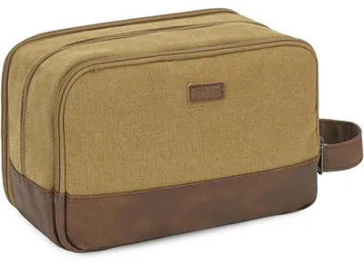 Productafbeelding van Reistas voor heren, canvas, toilettas, dubbele tas, leren tas, kaki, bruin