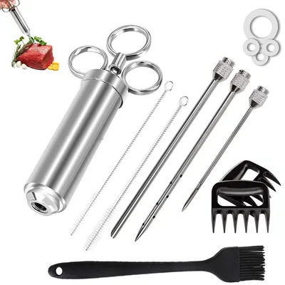 Produktbild von Fleischinjektor Set,Bratenspritze aus Edelstahl,Marinadenspritze mit BBQ Krallen, Pinsel und Nadeln,Gewürzspritze für Truthahn, Pulled Pork und Steak