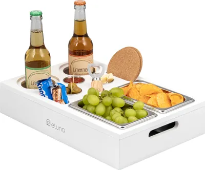 Immagine prodotto di eluno couch bar, vassoio di servizio, vassoio da divano in bambù con vassoi snack in acciaio inox con portabevande, bianco