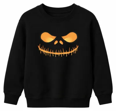 Obrázek produktu pro Dětská mikina s potiskem "Halloween": usmívající se lebka, neonová dýně. Černá barva, velikost 140